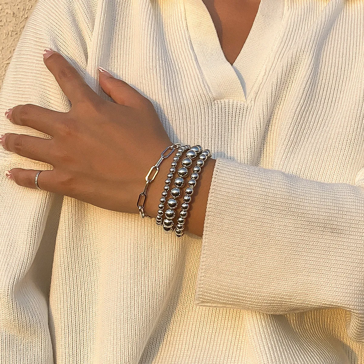 Silver-Plated Beaded Chain Stretch Bracelet Set