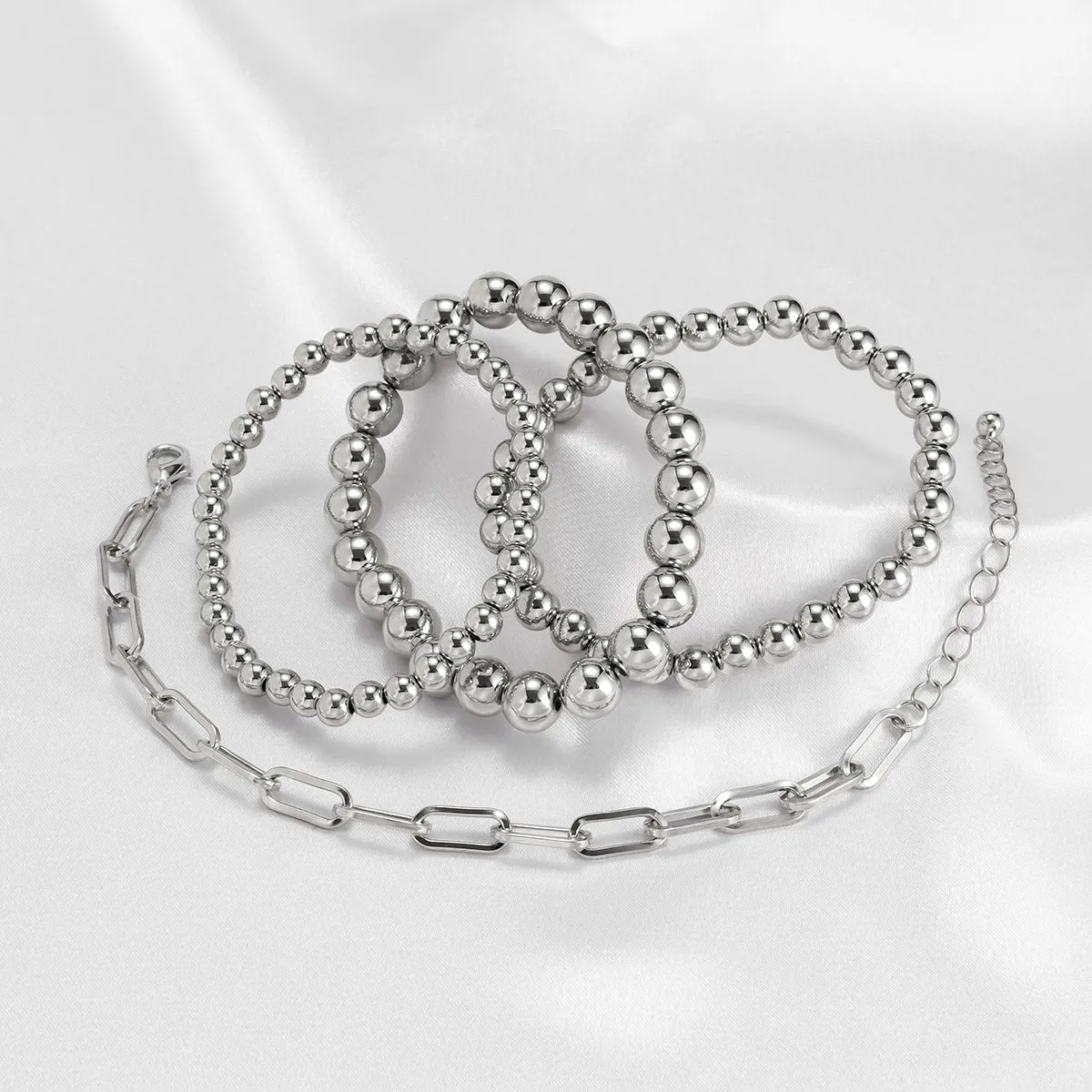 Silver-Plated Beaded Chain Stretch Bracelet Set