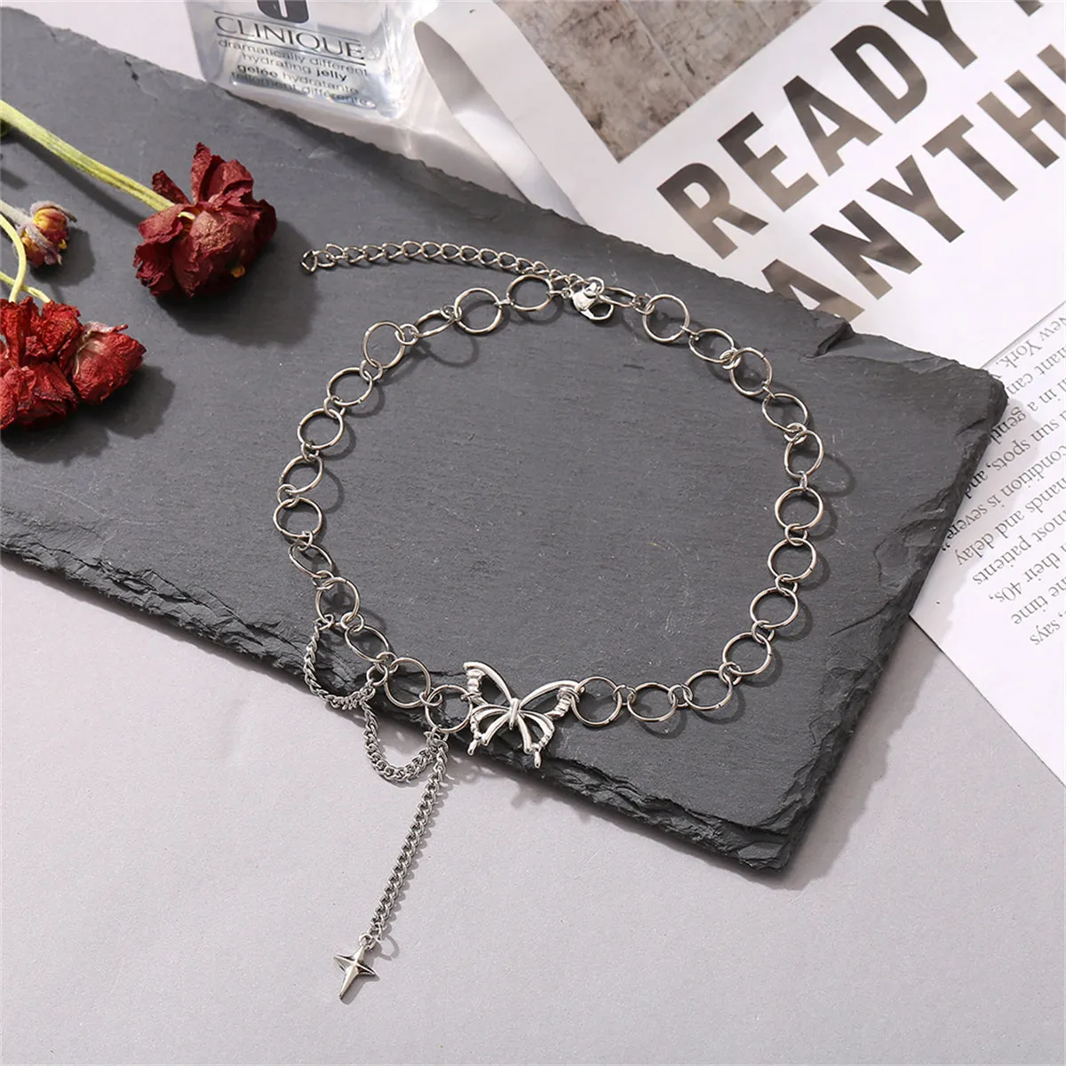 Silver-Plated Butterfly & Cross Pendant Choker