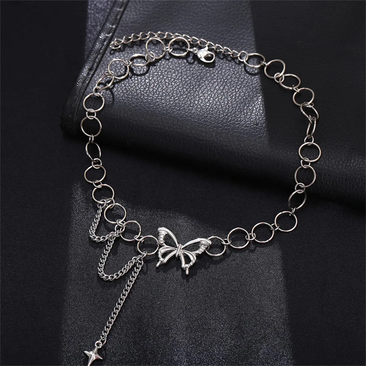 Silver-Plated Butterfly & Cross Pendant Choker