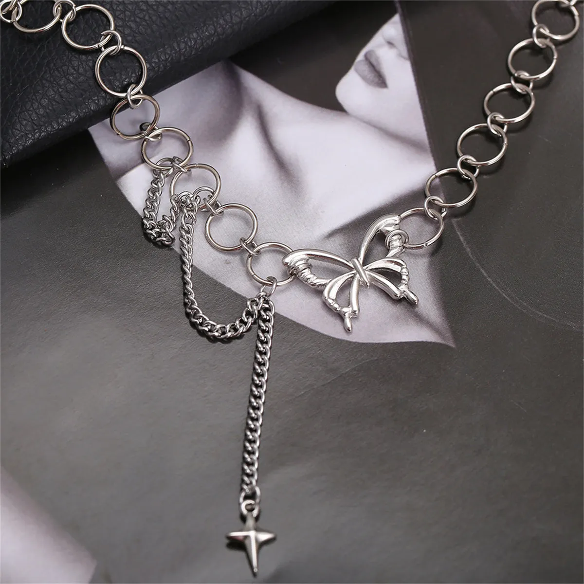 Silver-Plated Butterfly & Cross Pendant Choker