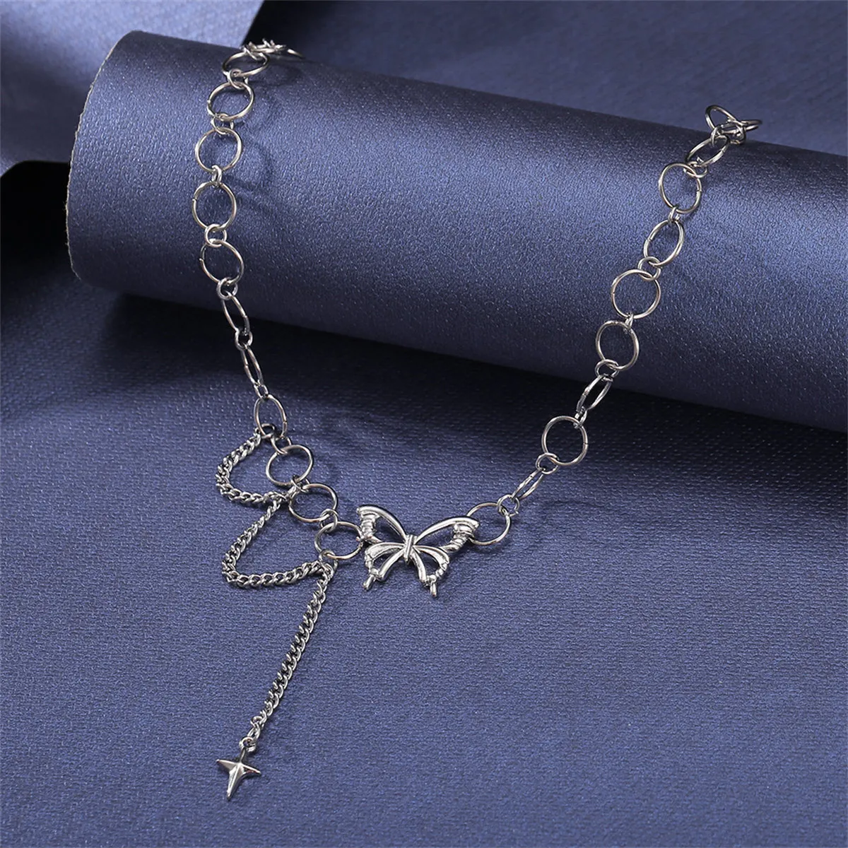 Silver-Plated Butterfly & Cross Pendant Choker