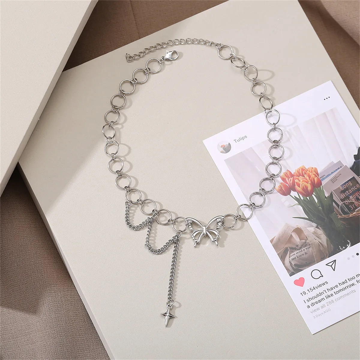 Silver-Plated Butterfly & Cross Pendant Choker