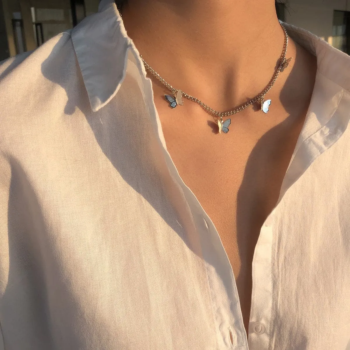Silver-Plated Butterfly Station Choker Necklace