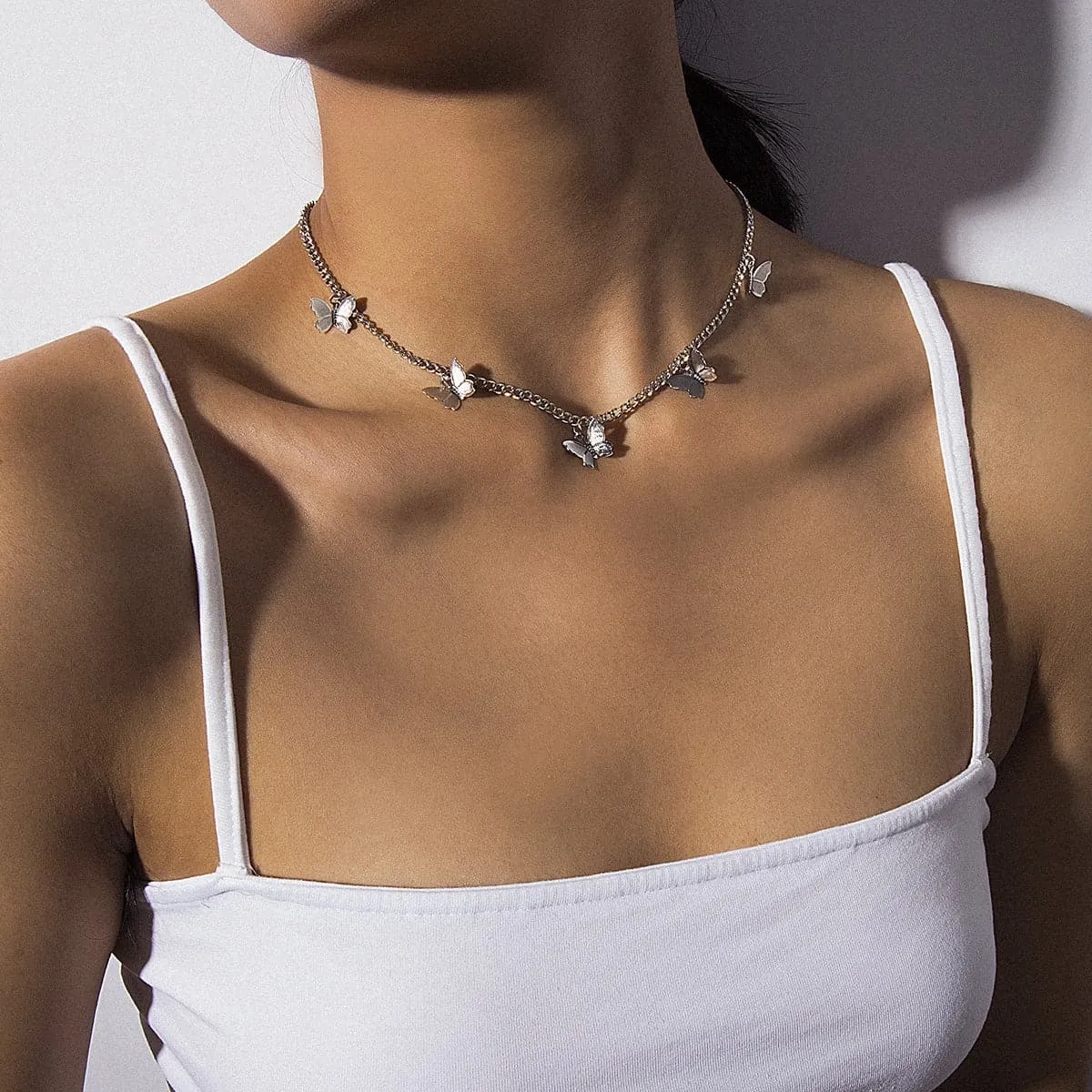Silver-Plated Butterfly Station Choker Necklace