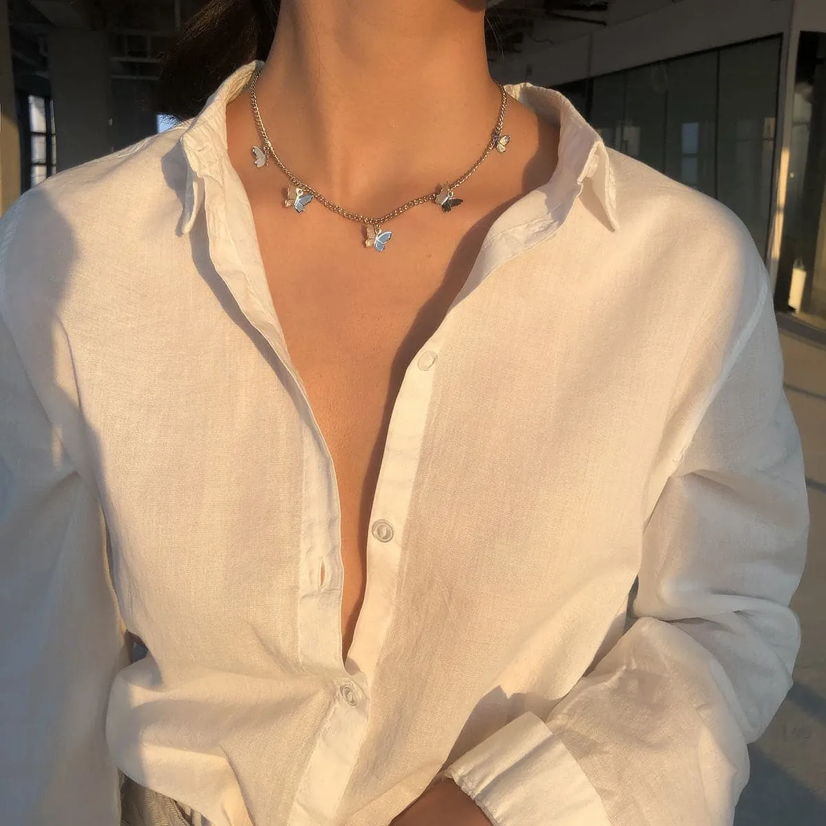 Silver-Plated Butterfly Station Choker Necklace