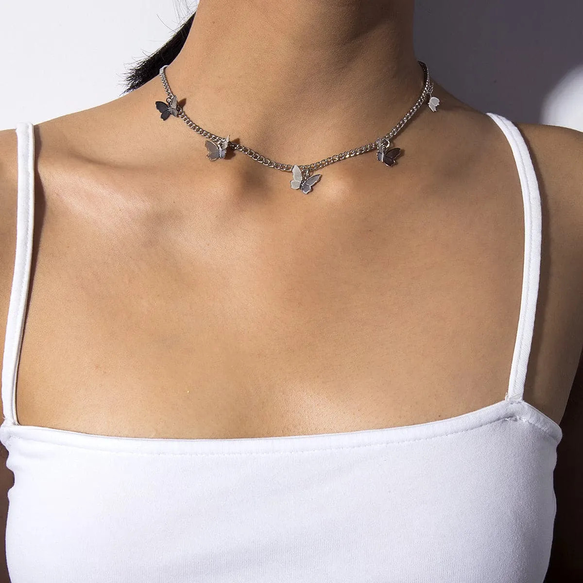 Silver-Plated Butterfly Station Choker Necklace