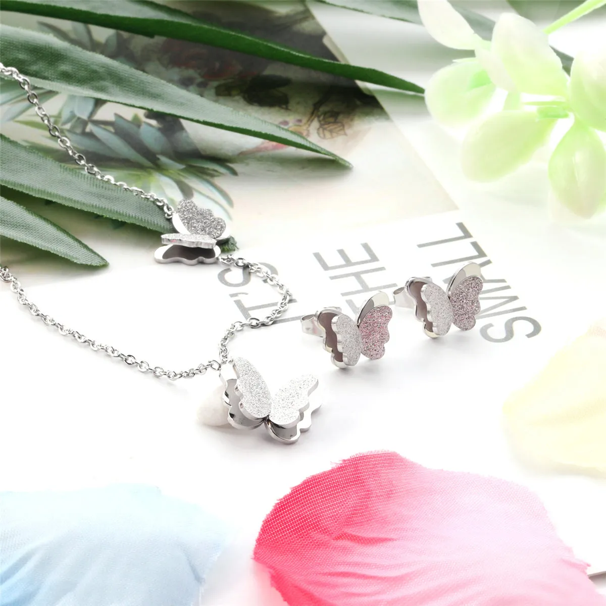 Silver-Plated Butterfly Stud Earrings & Pendant Necklace