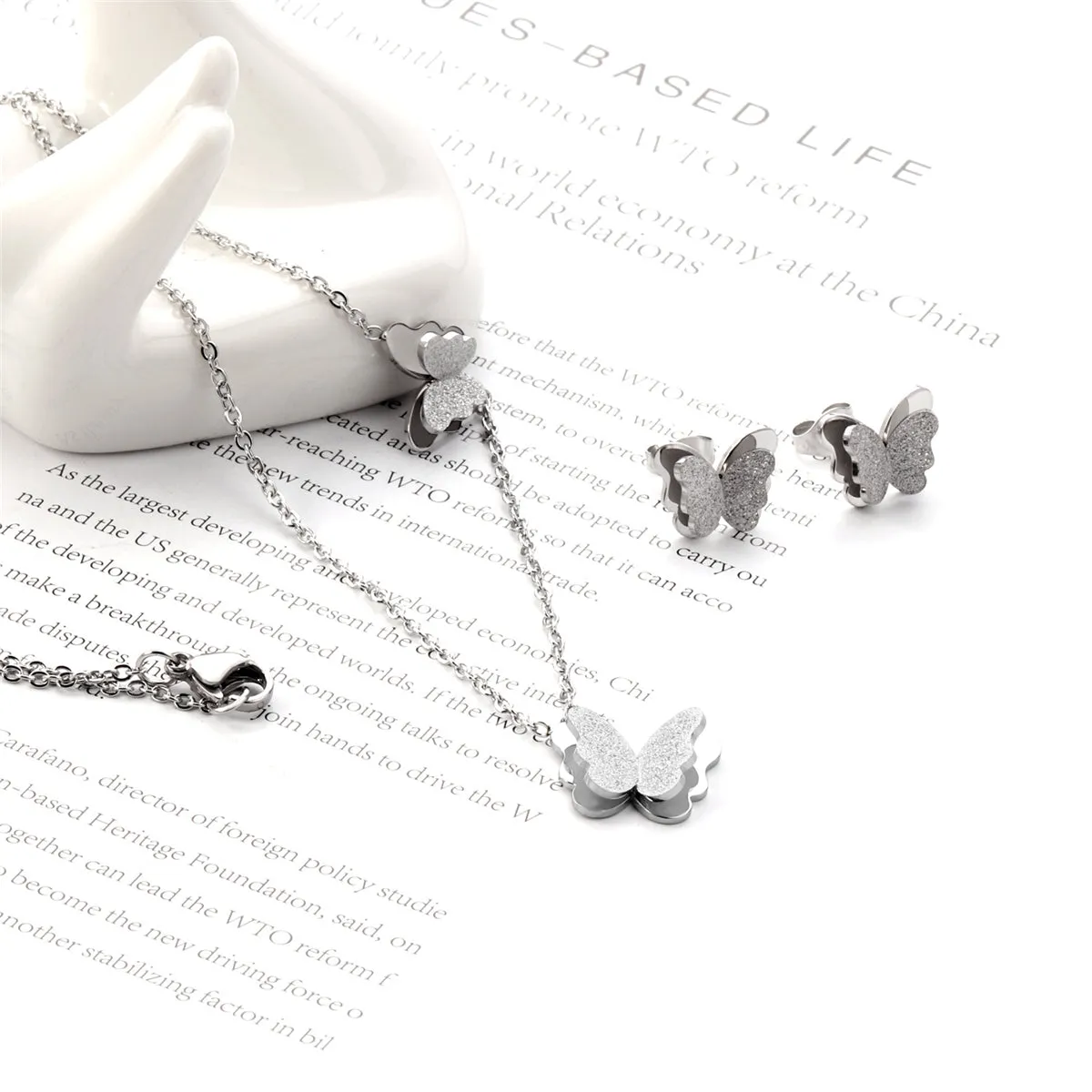Silver-Plated Butterfly Stud Earrings & Pendant Necklace