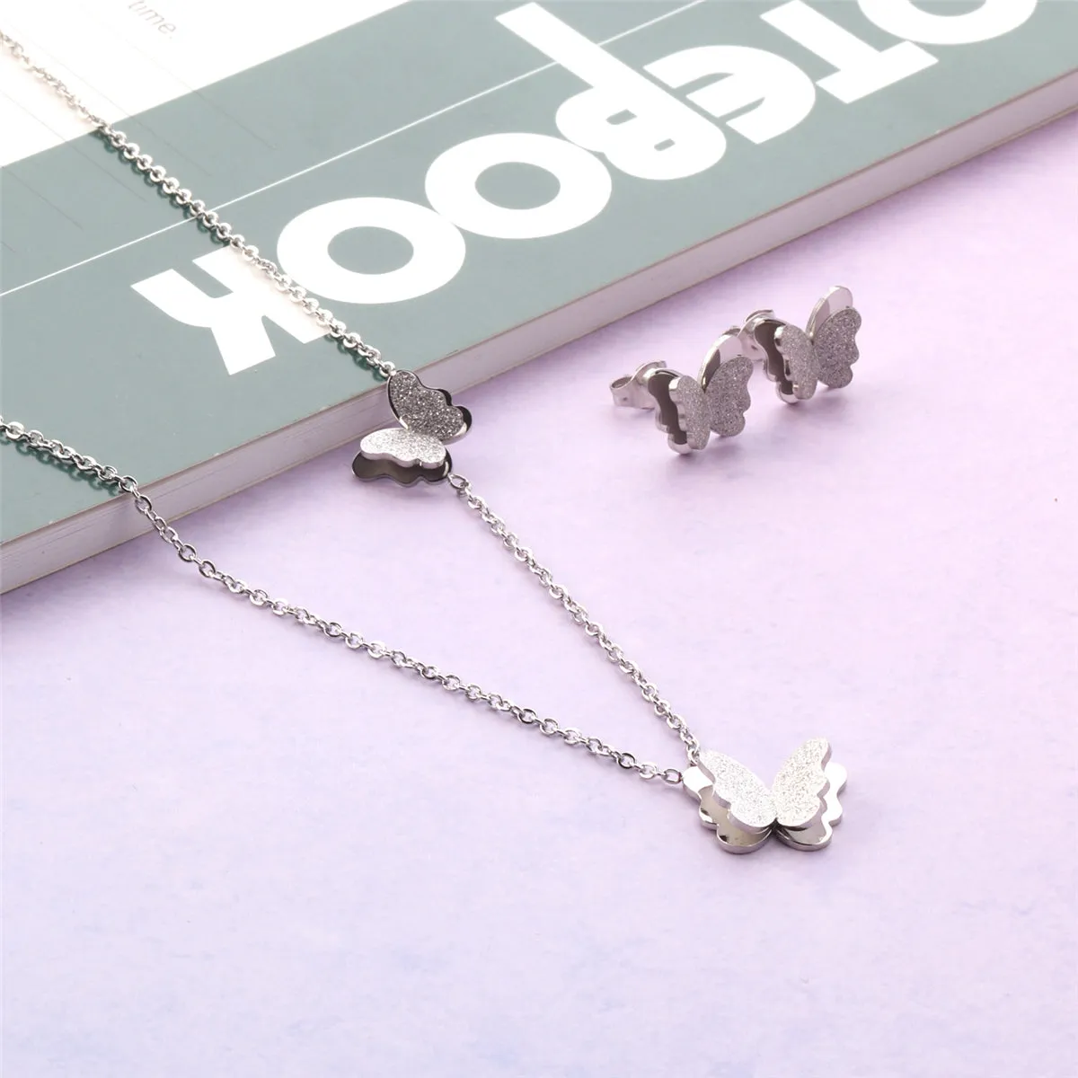 Silver-Plated Butterfly Stud Earrings & Pendant Necklace