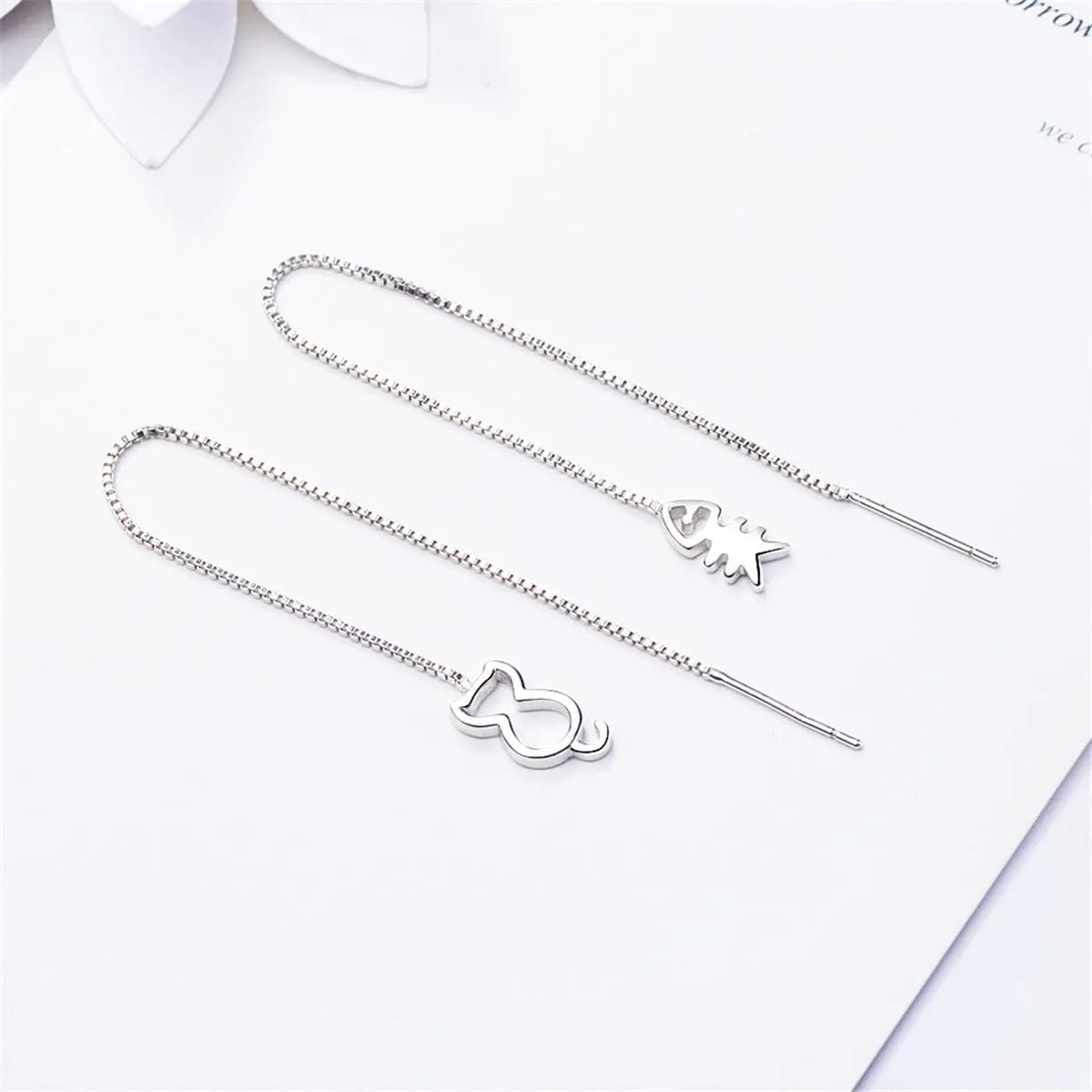 Silver-Plated Cat & Fishbone Threader Earrings