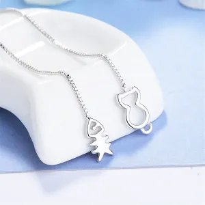 Silver-Plated Cat & Fishbone Threader Earrings