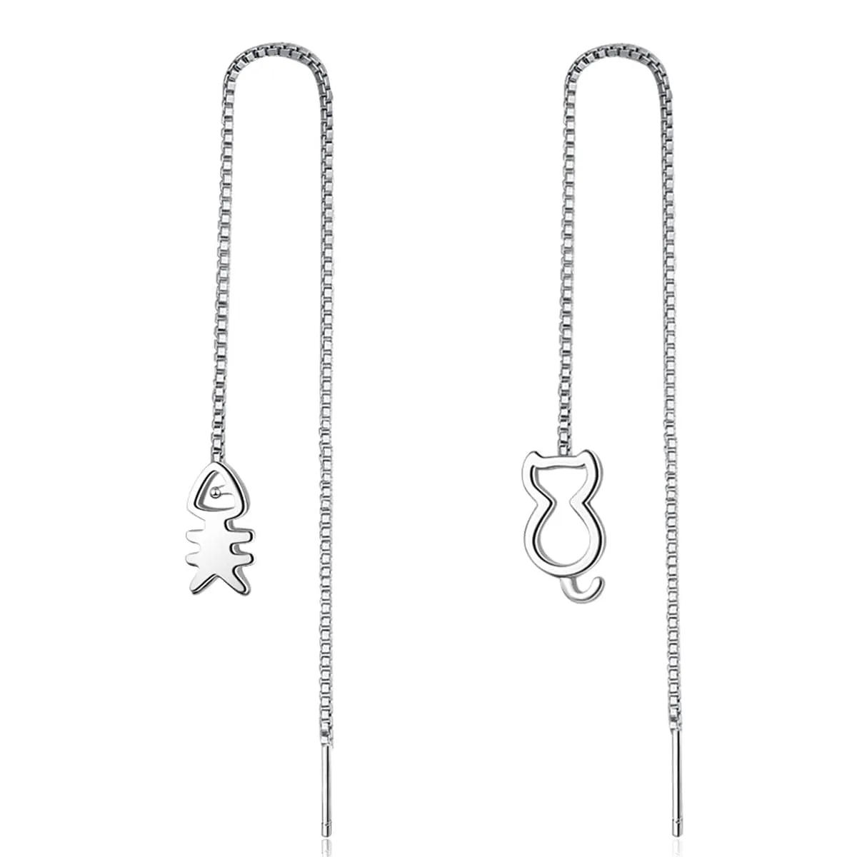 Silver-Plated Cat & Fishbone Threader Earrings