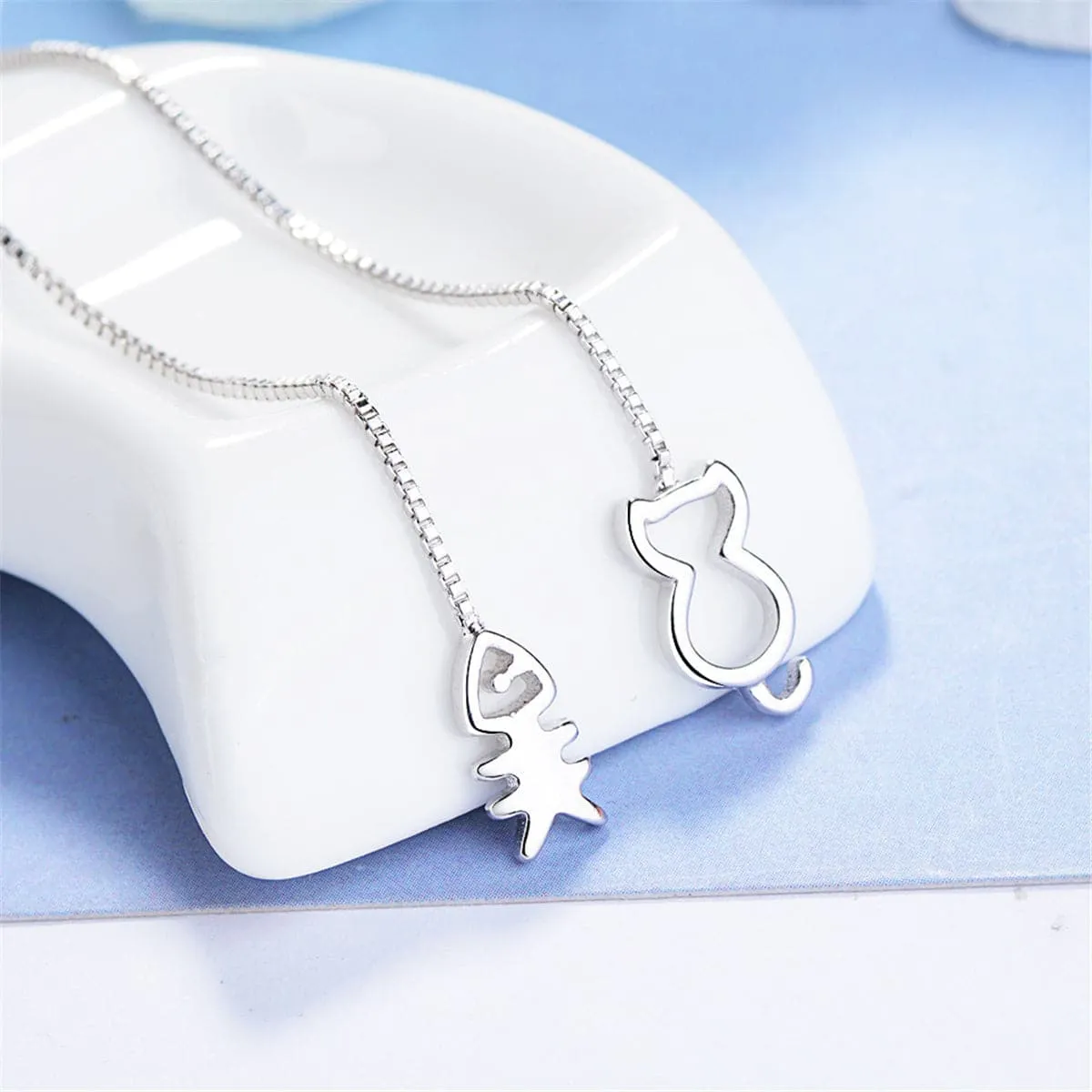 Silver-Plated Cat & Fishbone Threader Earrings