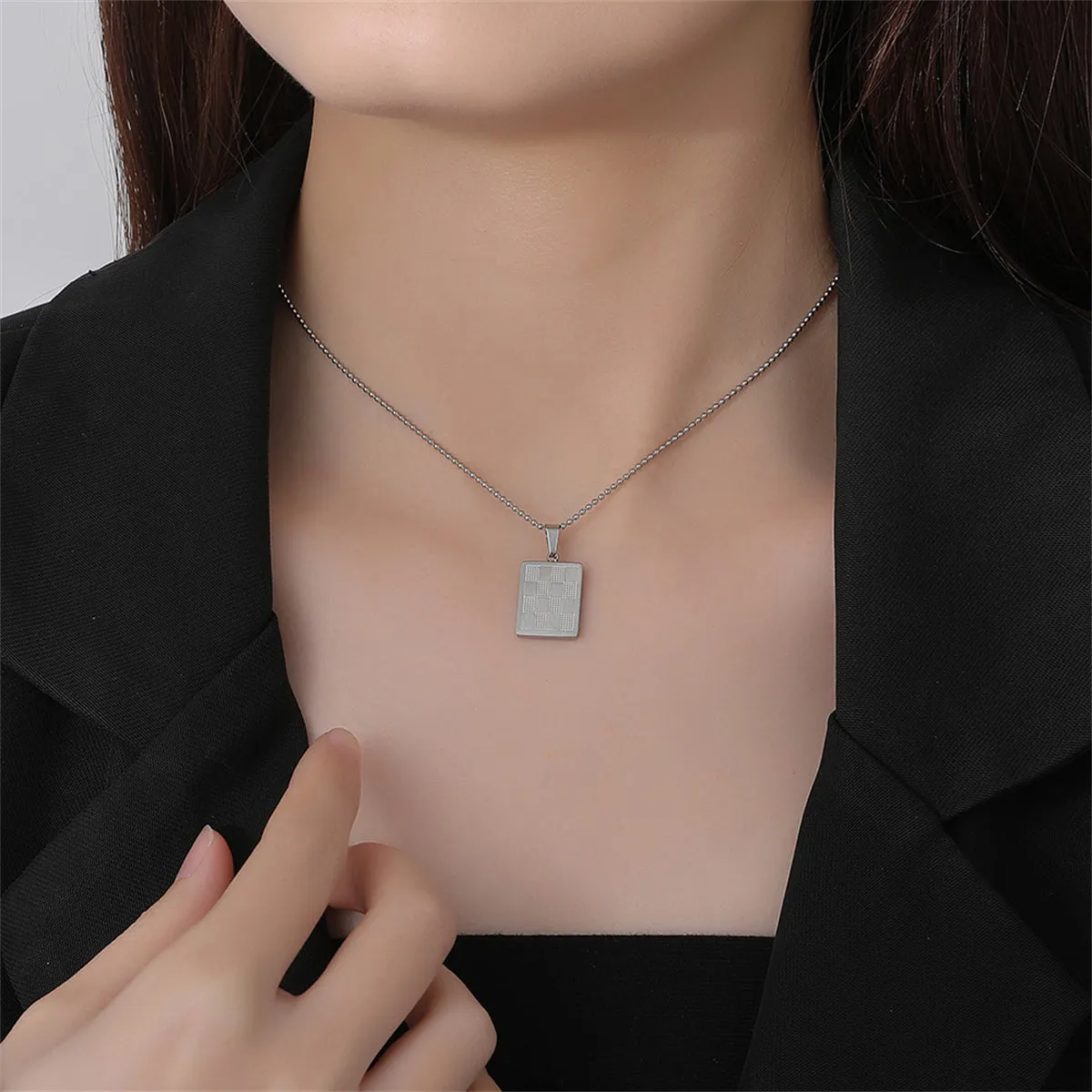 Silver-Plated Checkerboard Rectangle Pendant Necklace