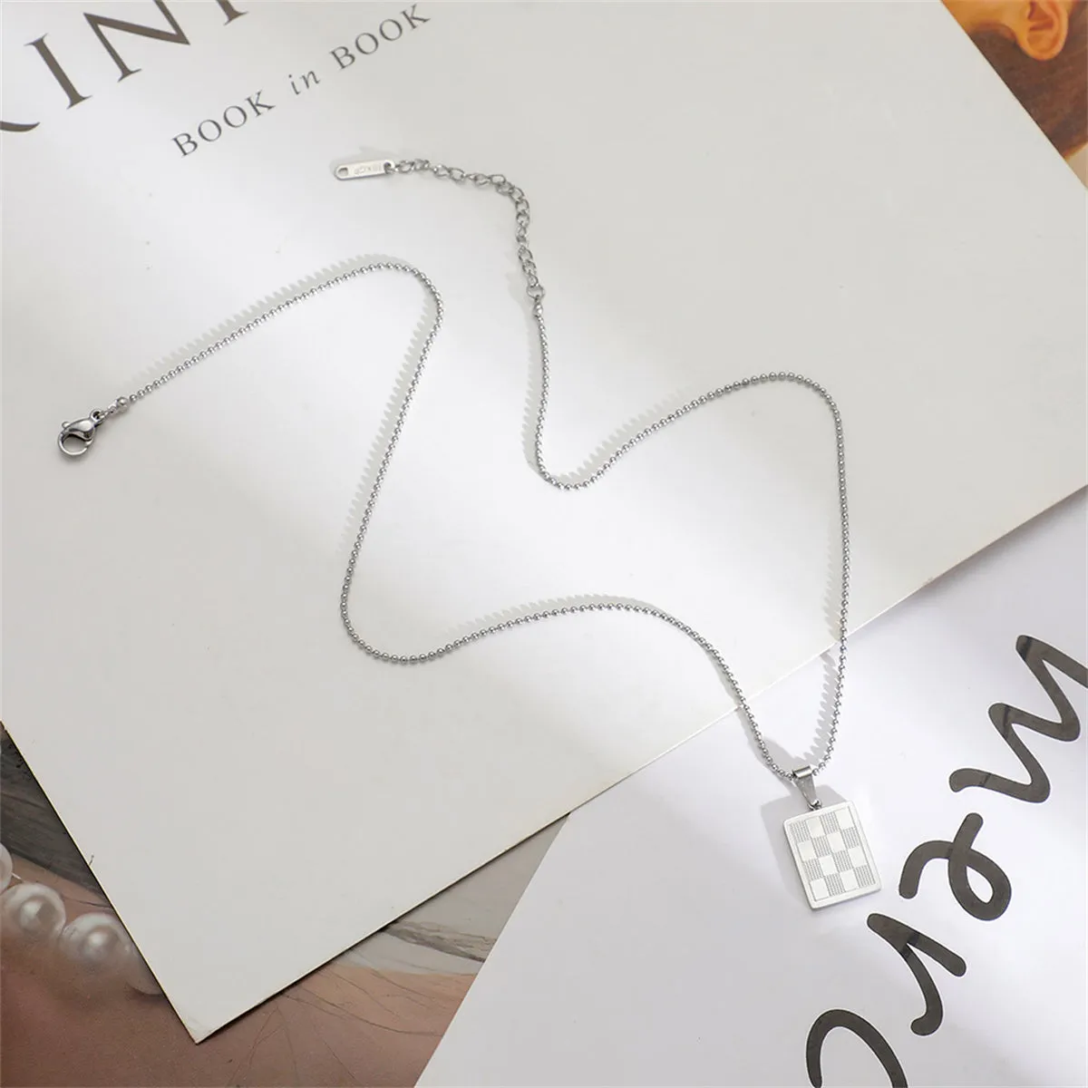 Silver-Plated Checkerboard Rectangle Pendant Necklace