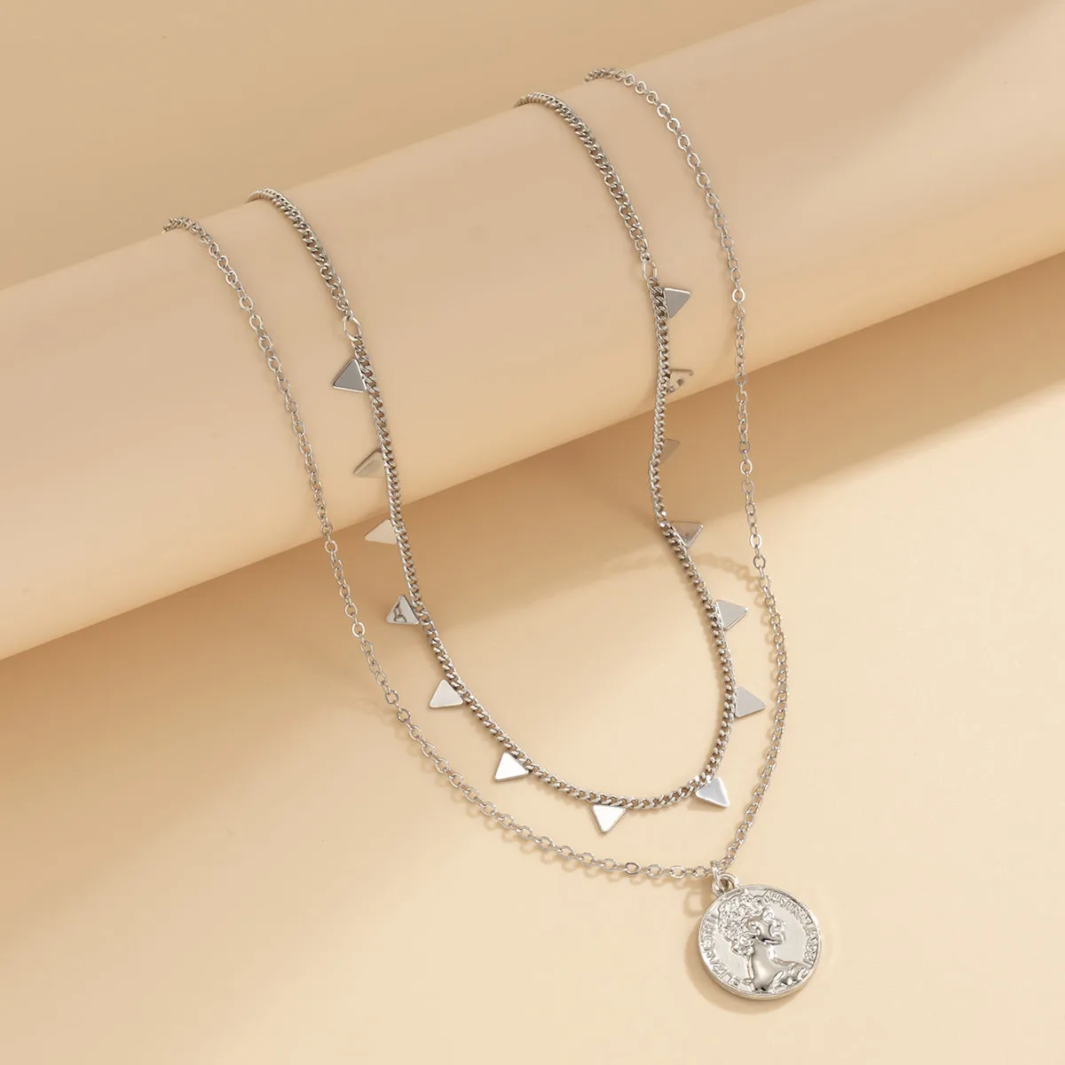 Silver-Plated Coin & Triangle Necklace Set