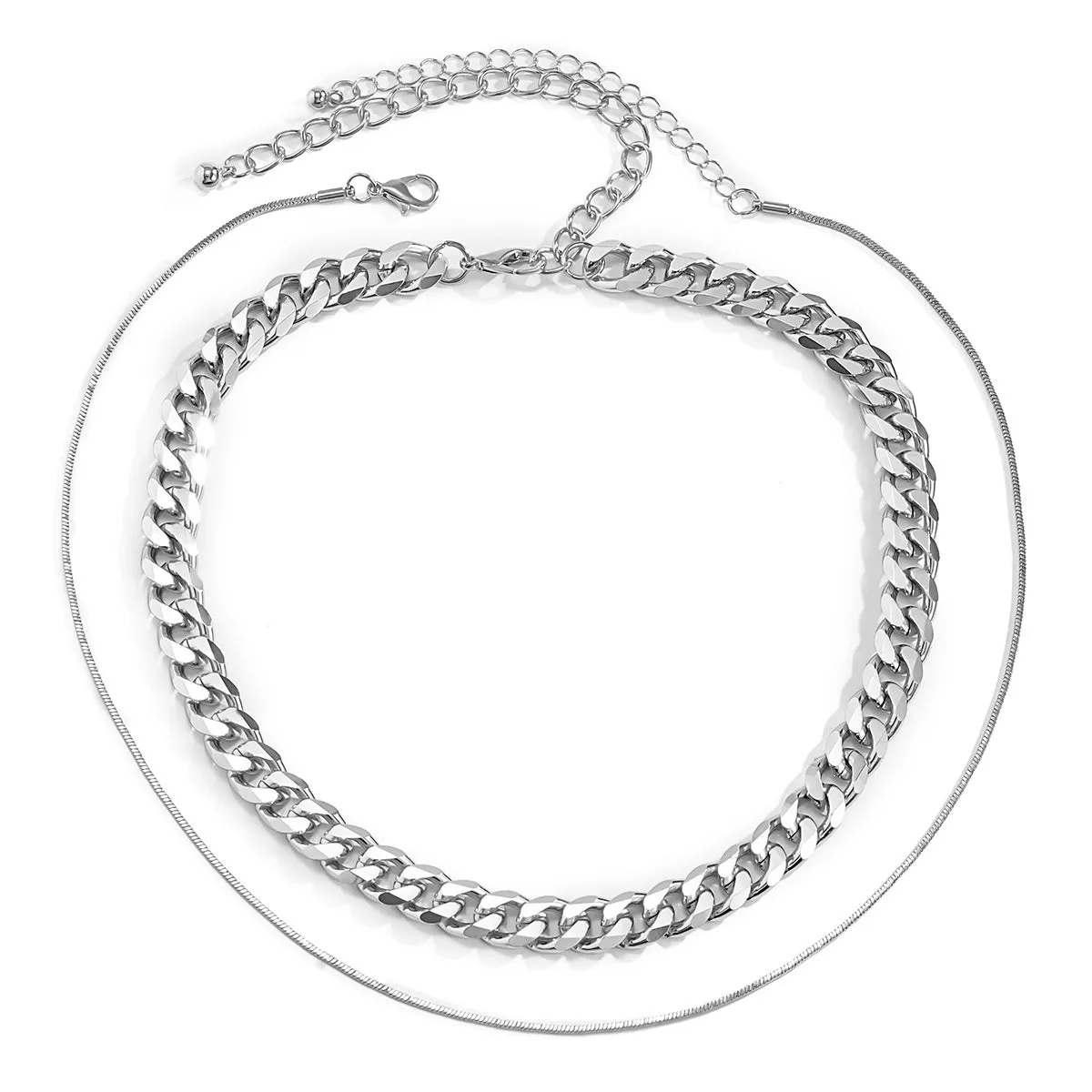 Silver-Plated Curb Chain Choker Necklace & Mini Herringbone Chain