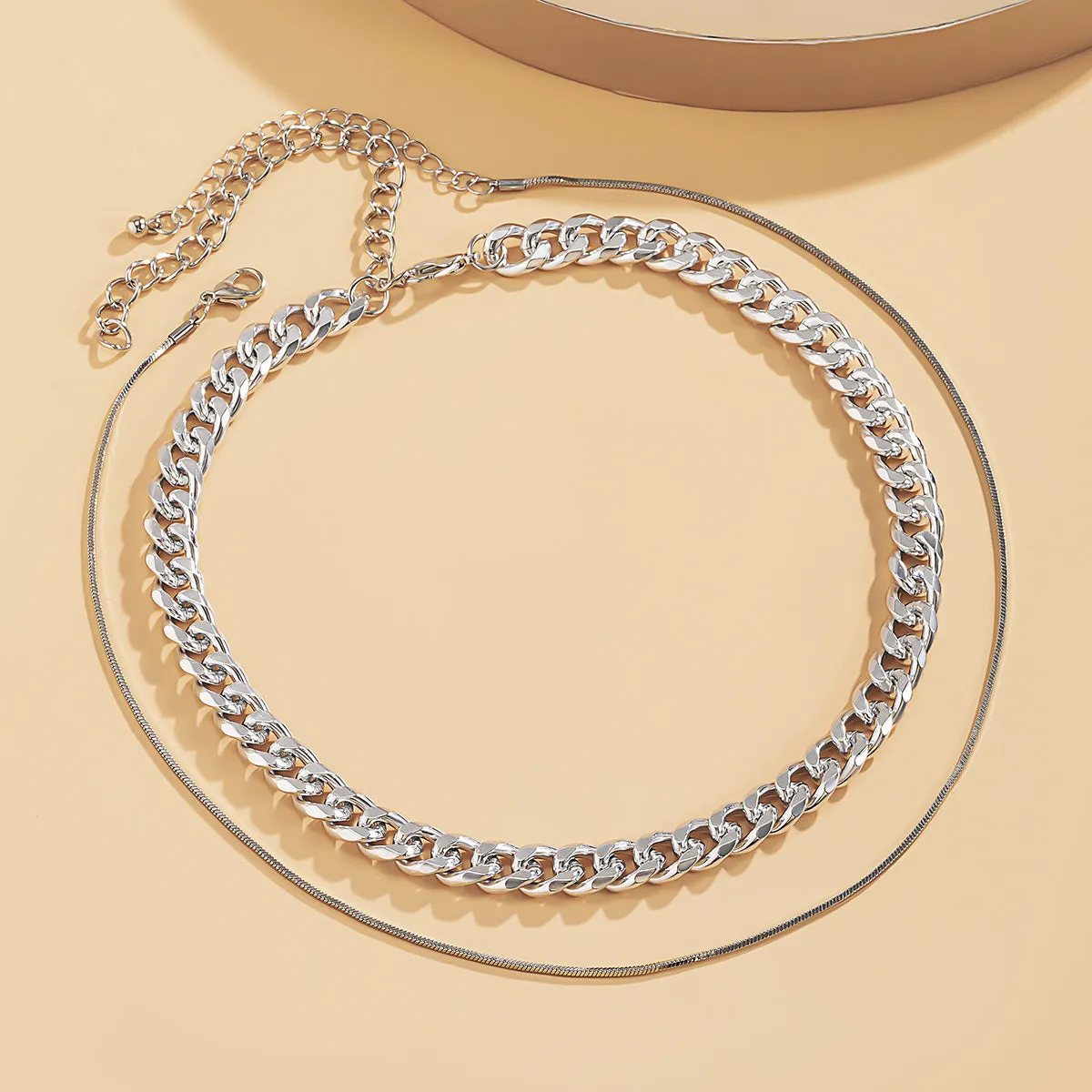 Silver-Plated Curb Chain Choker Necklace & Mini Herringbone Chain