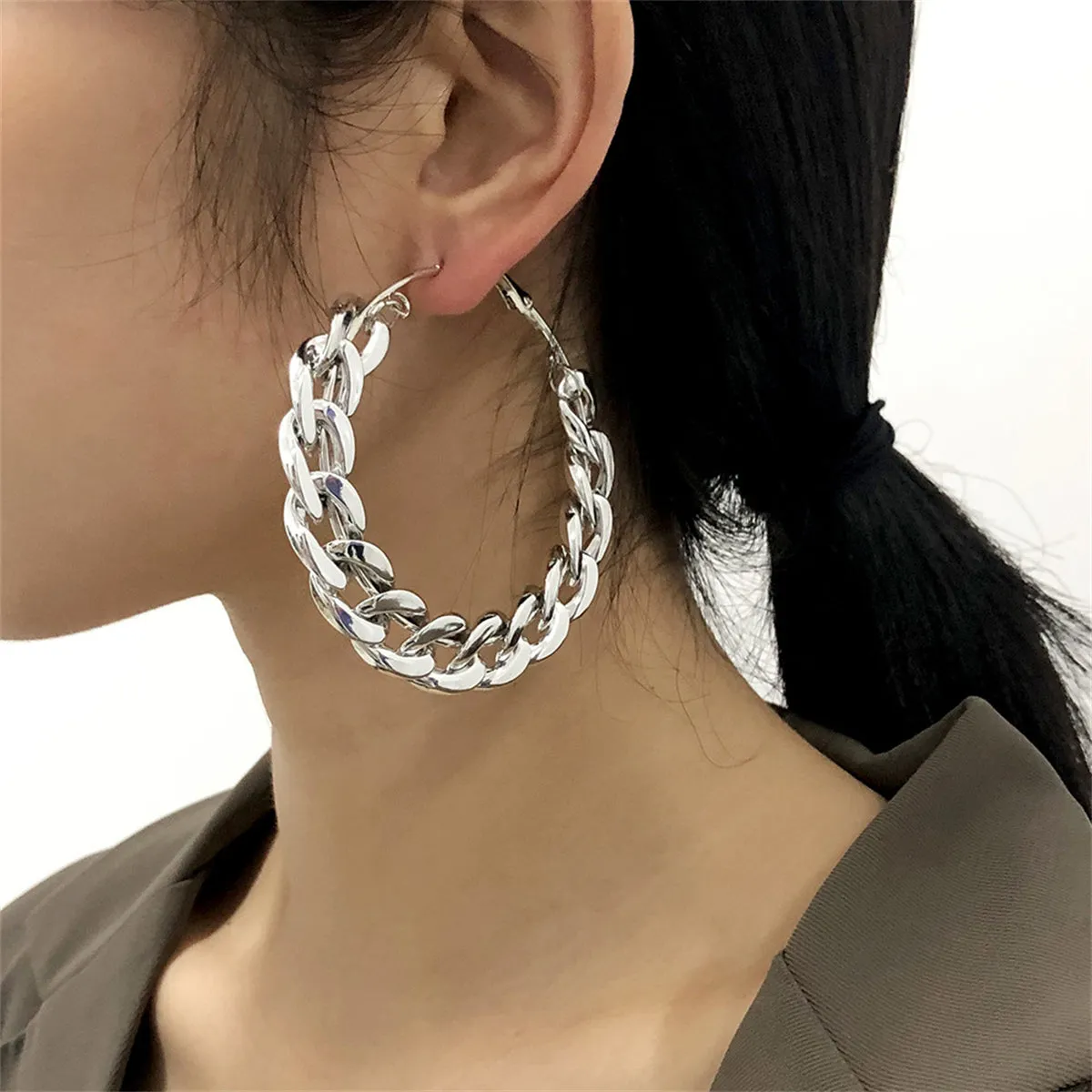 Silver-Plated Curb Chain Hoop Earrings