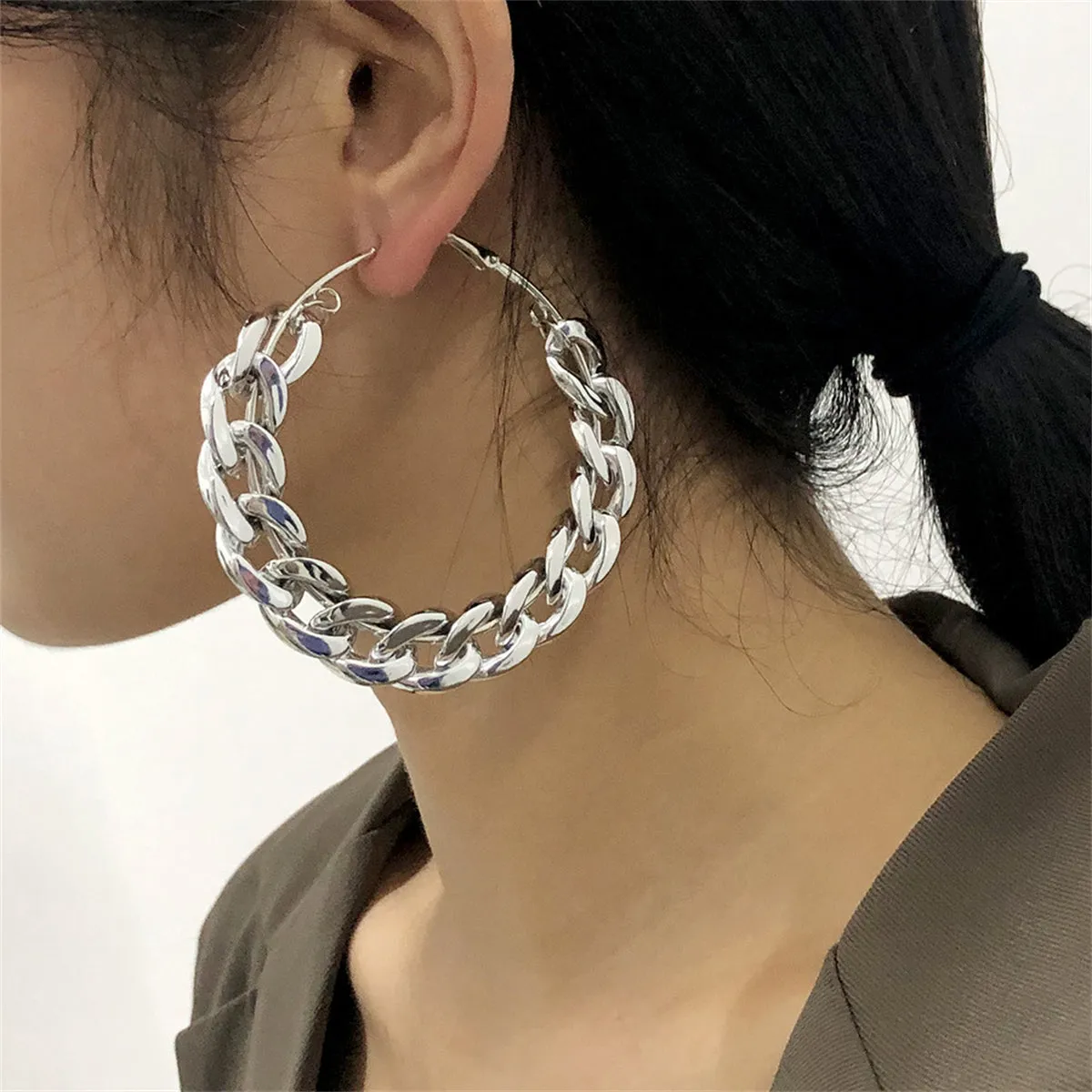 Silver-Plated Curb Chain Hoop Earrings