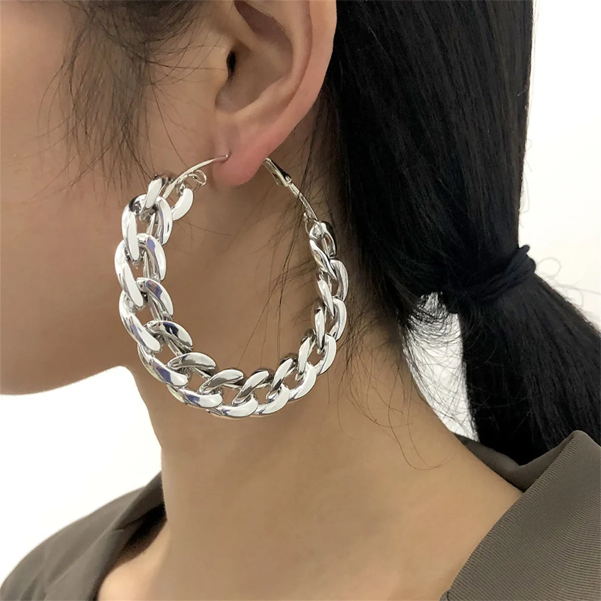 Silver-Plated Curb Chain Hoop Earrings