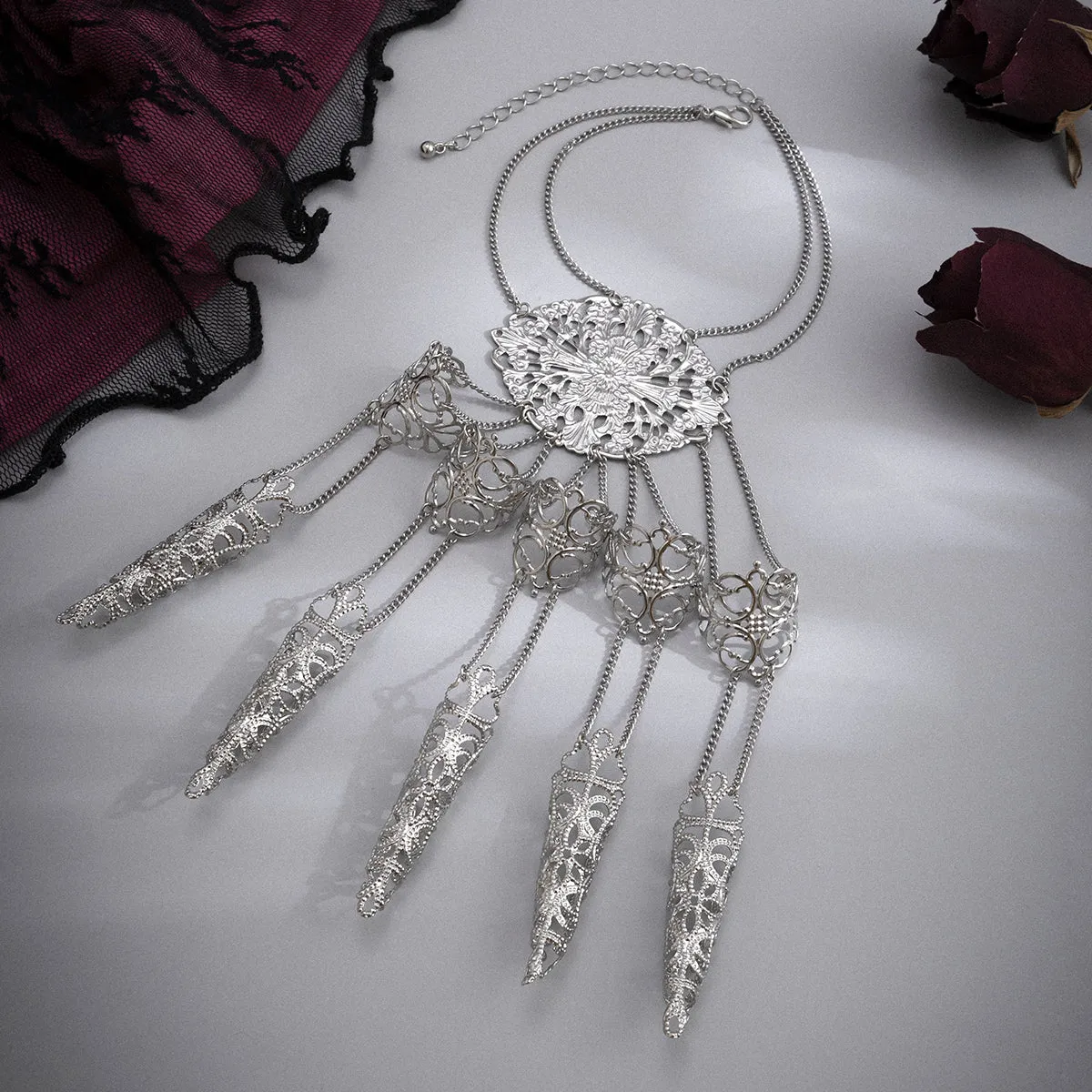Silver-Plated Filigree Full Hand Wrist-To-Ring Bracelet