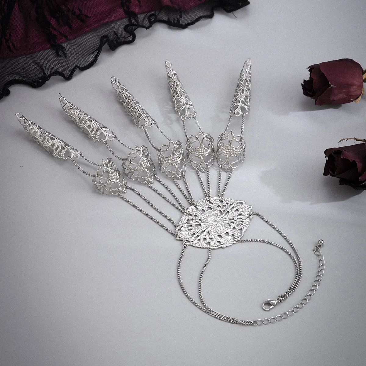 Silver-Plated Filigree Full Hand Wrist-To-Ring Bracelet