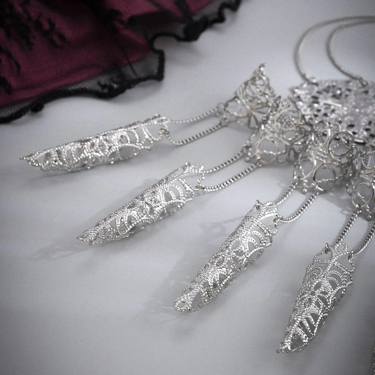 Silver-Plated Filigree Full Hand Wrist-To-Ring Bracelet