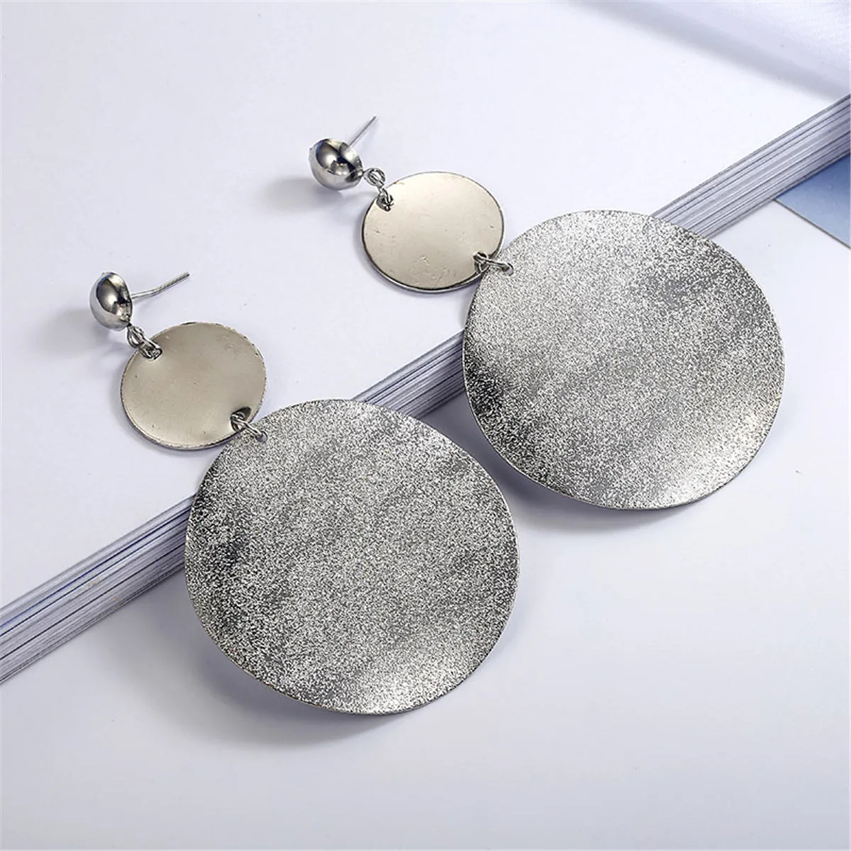 Silver-Plated Frosted Dual-Disk Drop Earrings