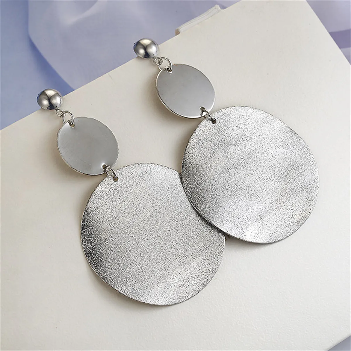 Silver-Plated Frosted Dual-Disk Drop Earrings