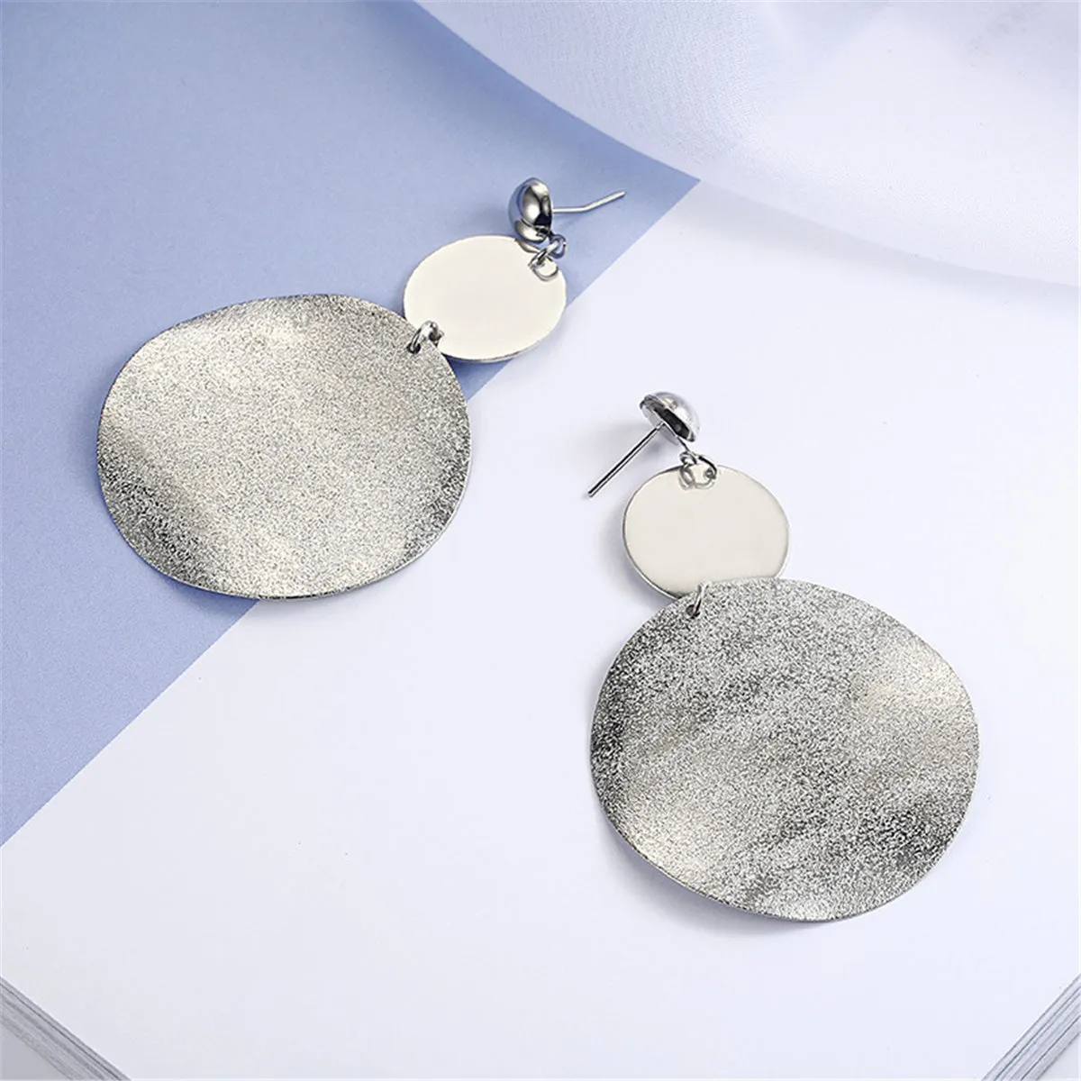 Silver-Plated Frosted Dual-Disk Drop Earrings