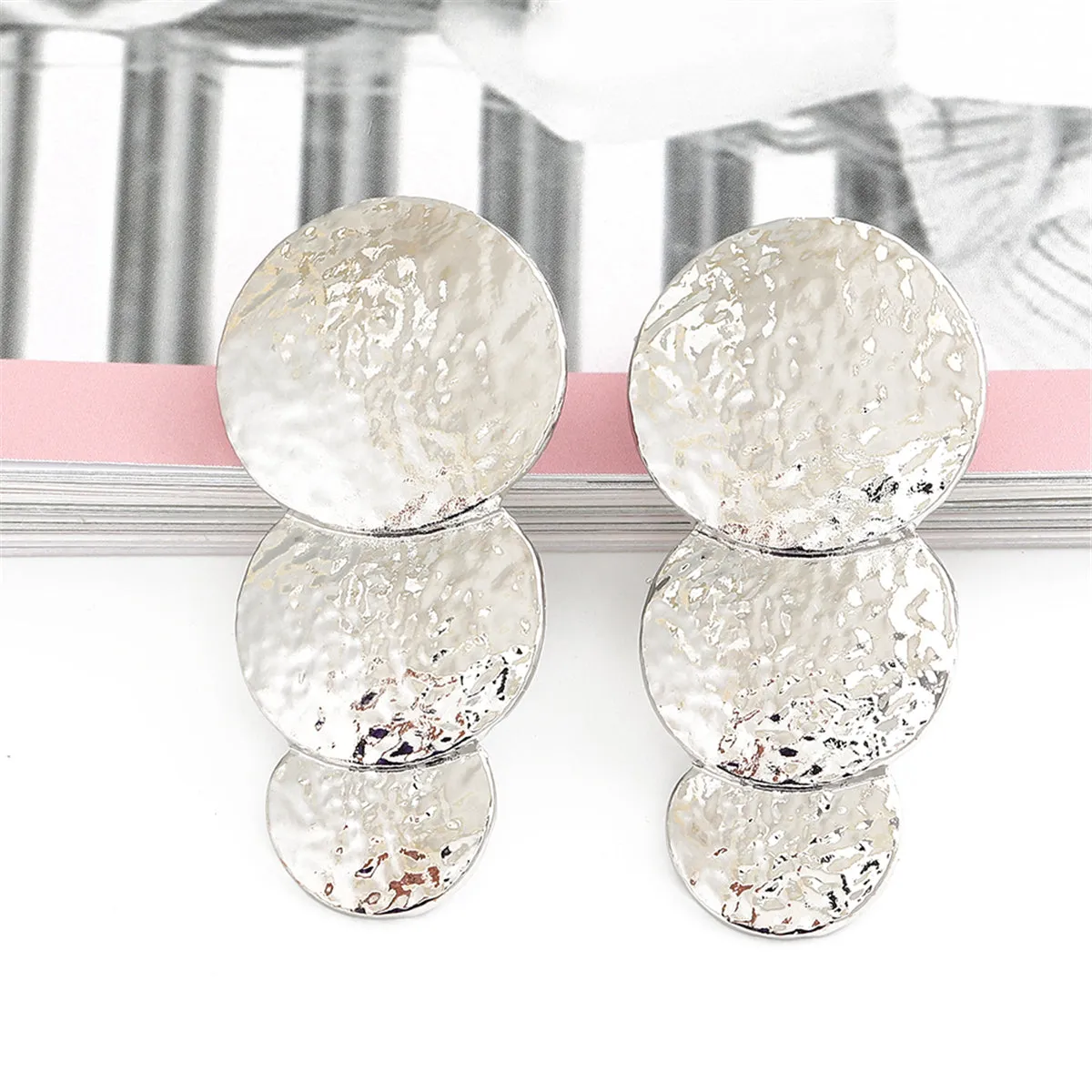 Silver-Plated Hammered Stacked Circle Drop Earrings