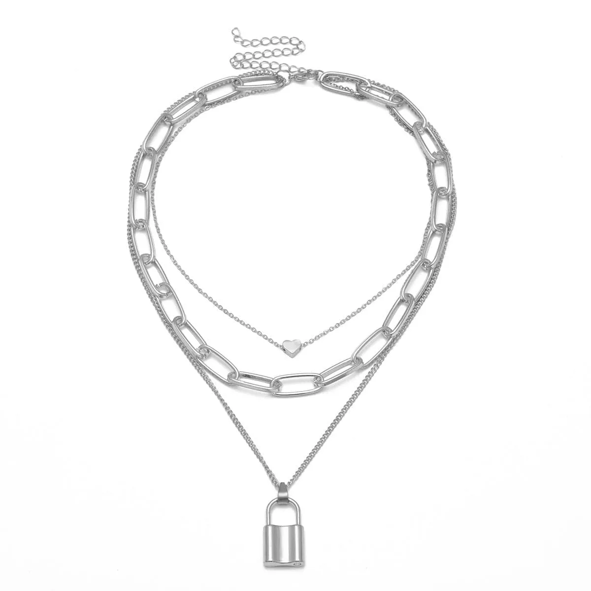 Silver-Plated Heart & Lock Layered Pendant Necklace