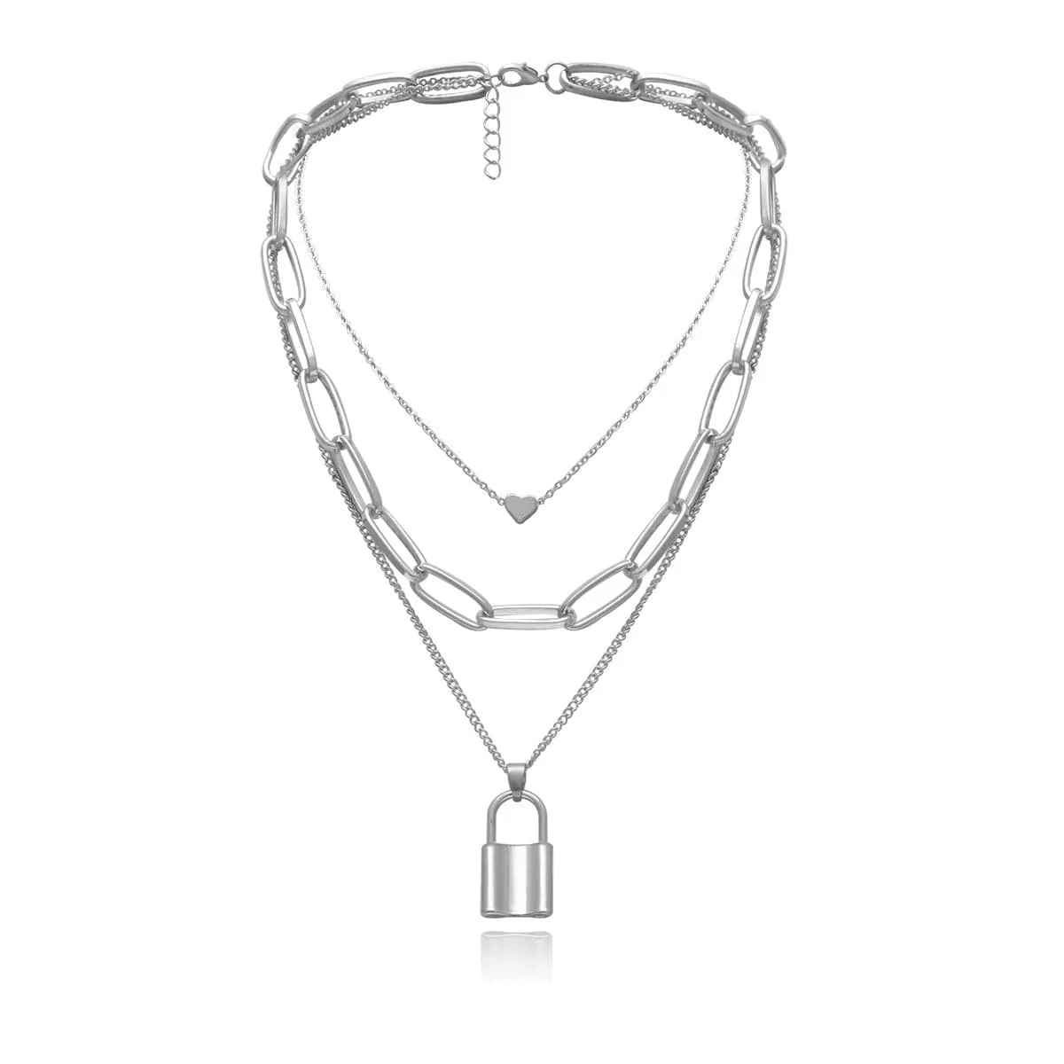 Silver-Plated Heart & Lock Layered Pendant Necklace