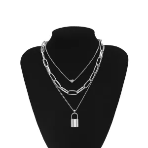 Silver-Plated Heart & Lock Layered Pendant Necklace