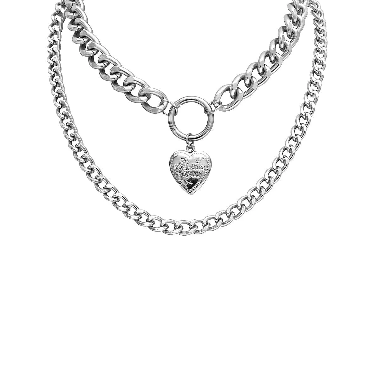 Silver-Plated Heart Figaro Layered Pendant Necklace