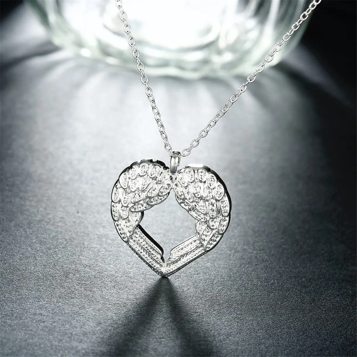 Silver-Plated Heart Shape Wings Pendant Necklace