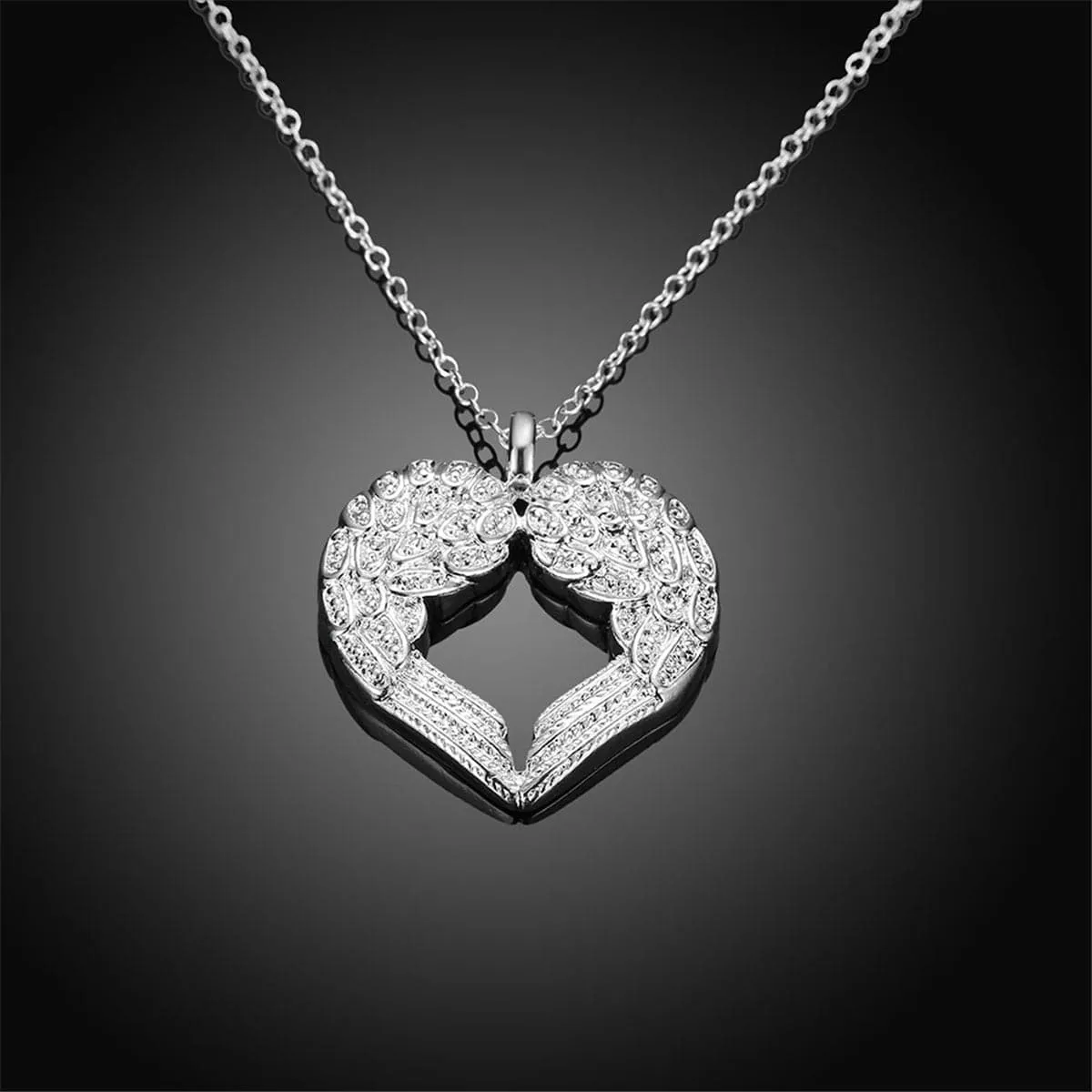 Silver-Plated Heart Shape Wings Pendant Necklace