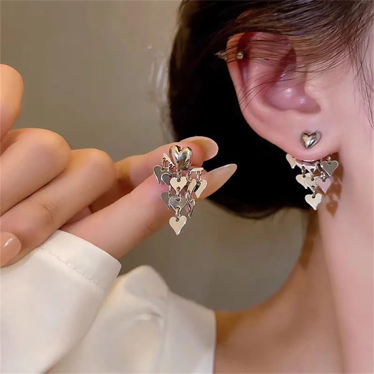 Silver-Plated Heart Tassel Ear Jackets