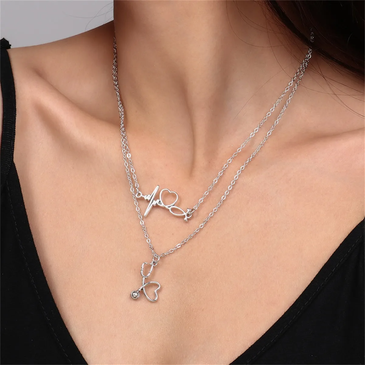 Silver-Plated Heartbeat & Stethoscope Pendant Layered Necklace