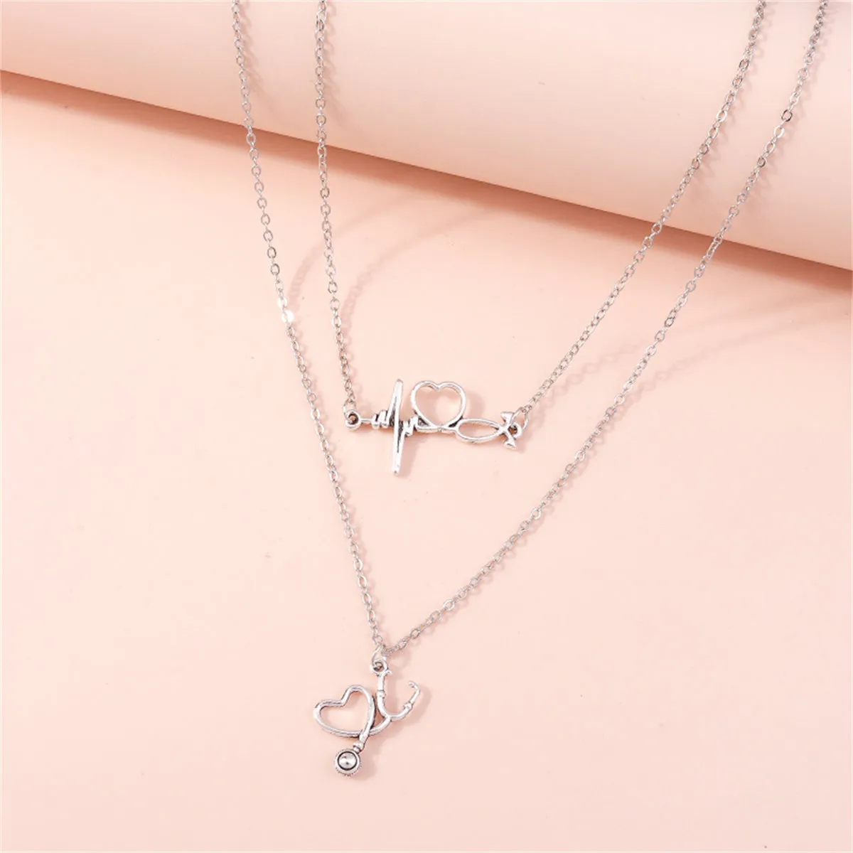Silver-Plated Heartbeat & Stethoscope Pendant Layered Necklace