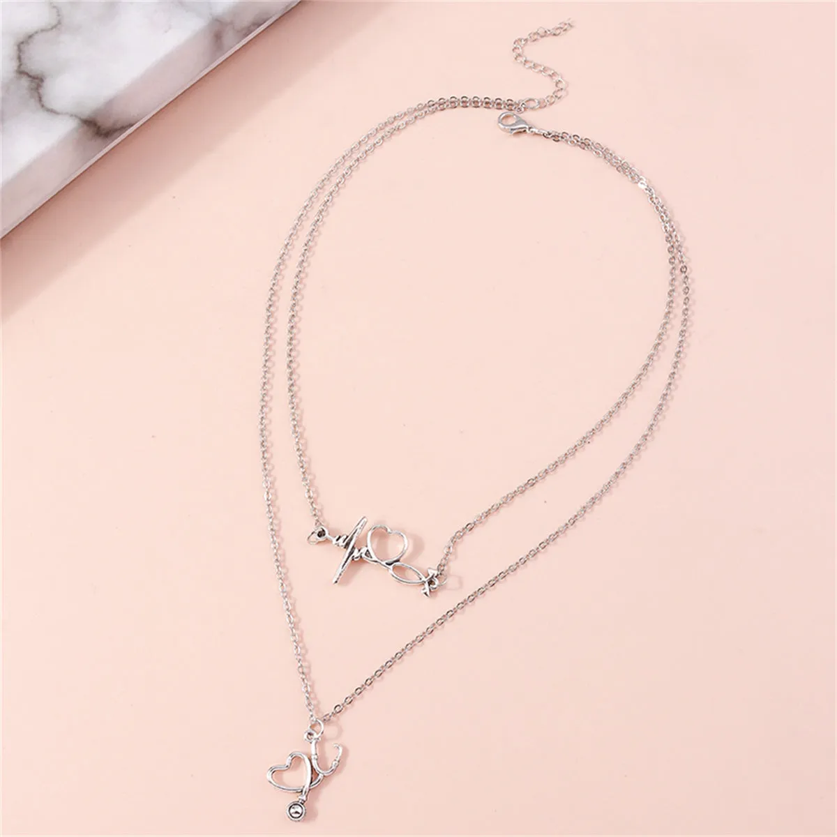 Silver-Plated Heartbeat & Stethoscope Pendant Layered Necklace