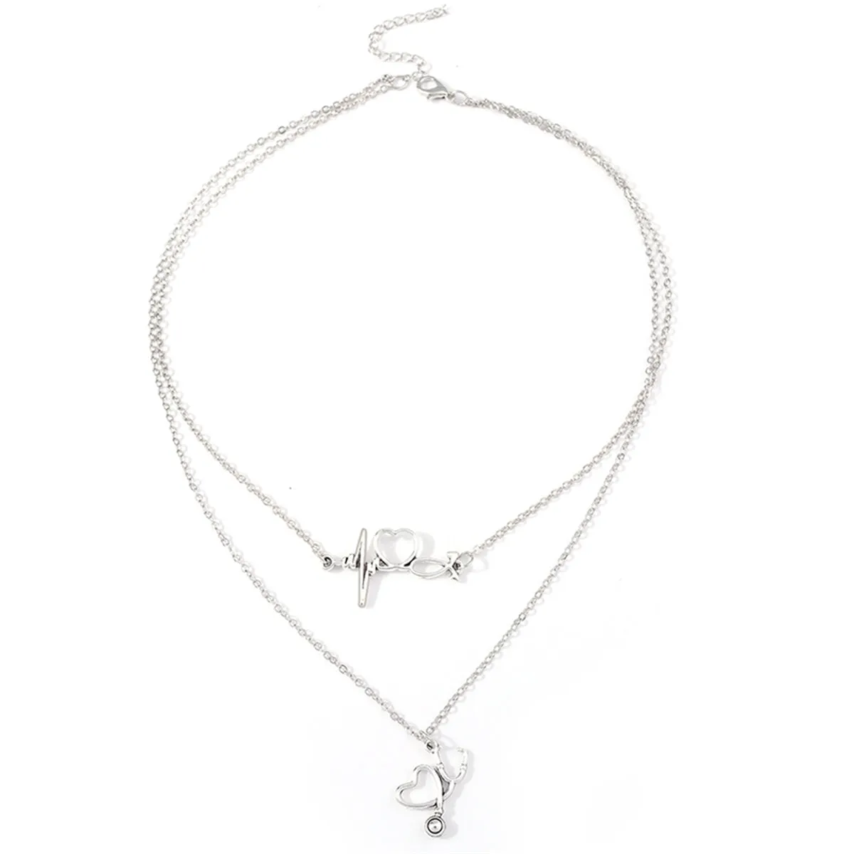 Silver-Plated Heartbeat & Stethoscope Pendant Layered Necklace