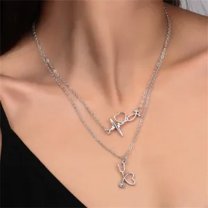 Silver-Plated Heartbeat & Stethoscope Pendant Layered Necklace
