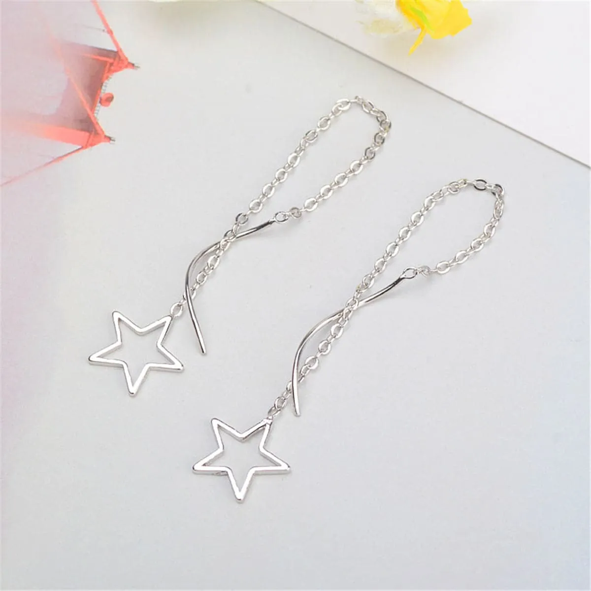 Silver-Plated Hollow Star Threader Earrings