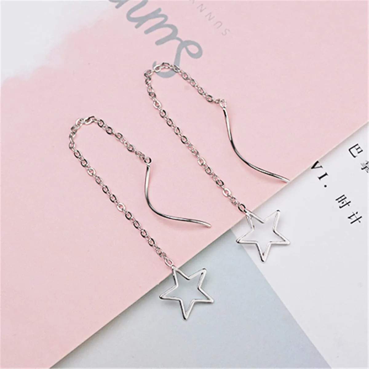 Silver-Plated Hollow Star Threader Earrings
