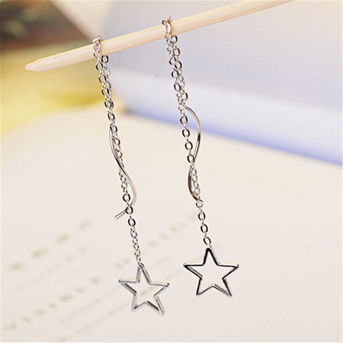 Silver-Plated Hollow Star Threader Earrings