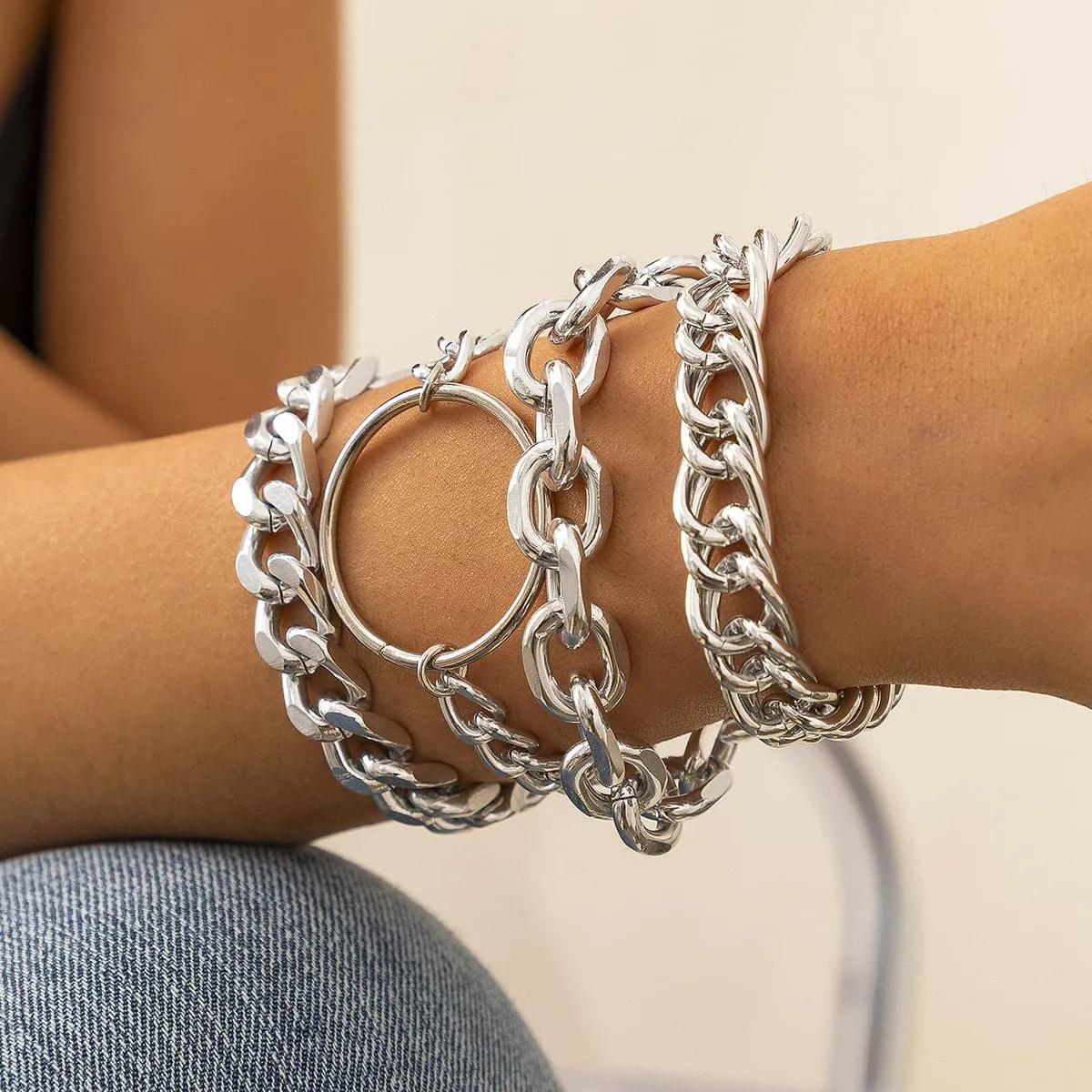Silver-Plated Hoop Cable Chain Bracelet Set