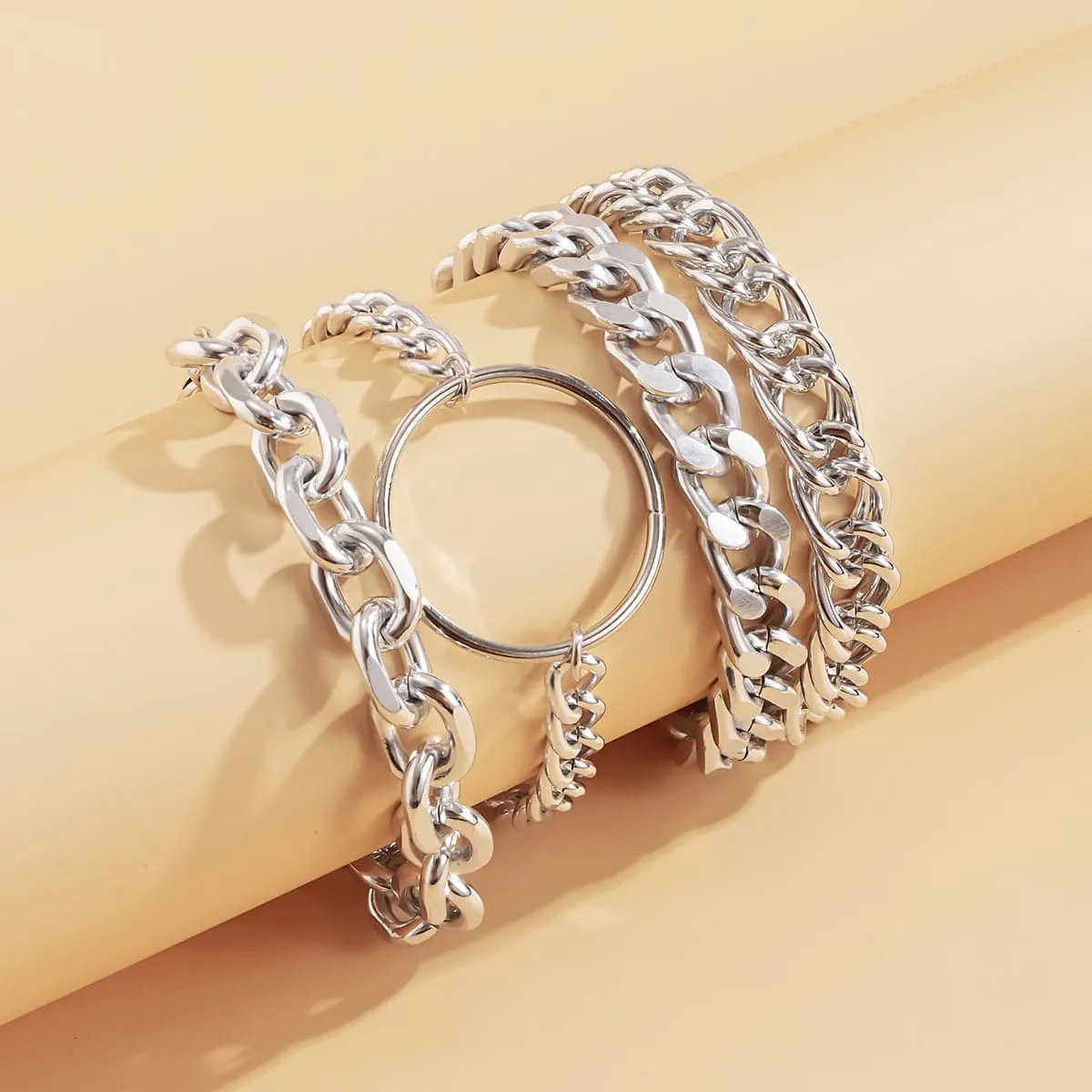 Silver-Plated Hoop Cable Chain Bracelet Set